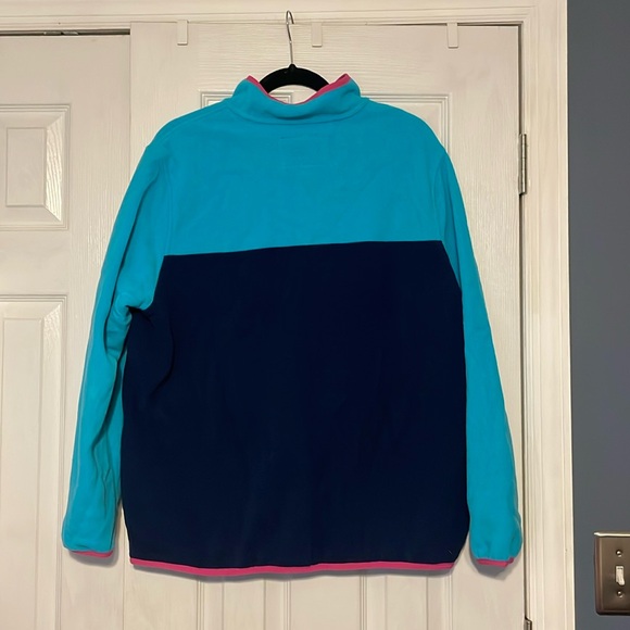 Land's End Snap Neck Pullover Heritage Fleece. Teal/turquoise and Navy Blue - Picture 6 of 8